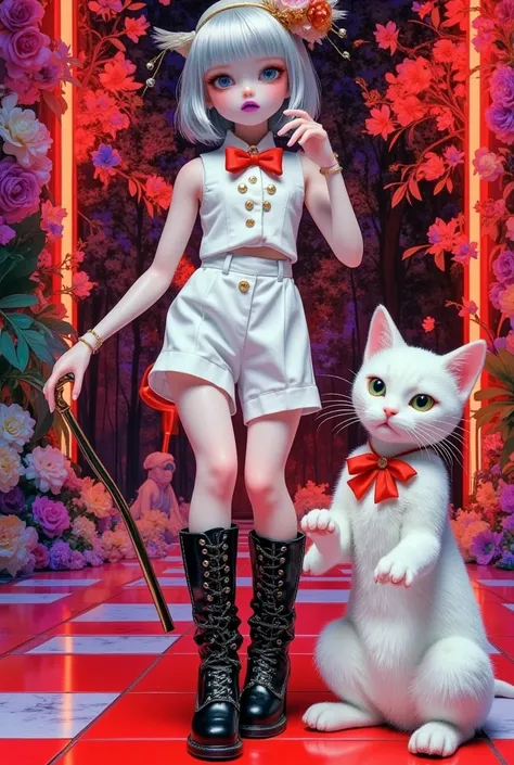 (masterpiece,  perfect detail), ( 1girl , doll body, ball jointed doll, ball jointed, anatomy correct, Silver short bob,  with bangs and eyes hidden , Purple Lips, white sleeveless feminine tuxedo suit, white above knee shorts,  is wearing a big red bow on...