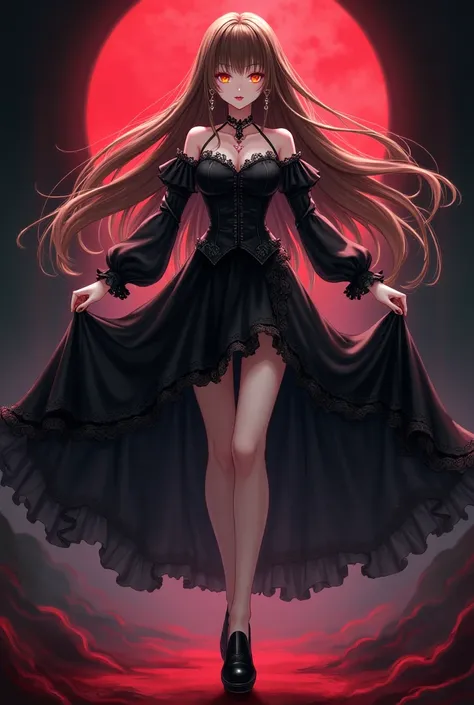 Vampire girl from anime,  brown hair earring,  golden eyes,  brand,  black and white dress , Black skirt,  black shoes .
