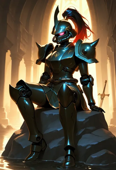 (1girl, zaku, gundam:1.2), professional lighting, two-tone hair, high ponytail, Mermaid sitting on a rock, singing to the moon, arcane library, A legendary sword embedded in a stone, rays of light shining down upon it in a mystical forest, Dark armor forge...