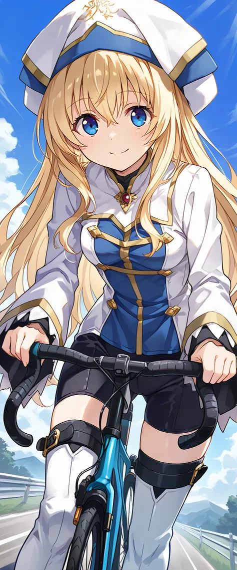 score_9, score_8_up, score_7_up, anime_source, priestess(goblin_slayer),blonde hair,blue eyes,hat,white headwear,long sleeves,hair between eyes,thigh boots,wide sleeves,small breasts,smile,(cycling,gripping the handlebars,cornering),masterpiece,Noise Reduc...