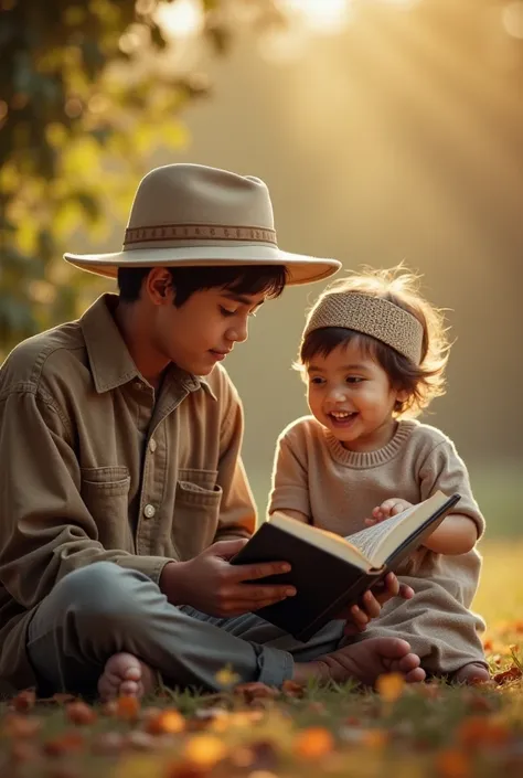 "A boy is wearing a hat in a quiet environment. He has the Qur'an Sharif in his hand, which he is reading carefully. His wife is sitting next to him, who is looking at him with affection. Their  is playing next to them, the brightness in his eyes And smile...