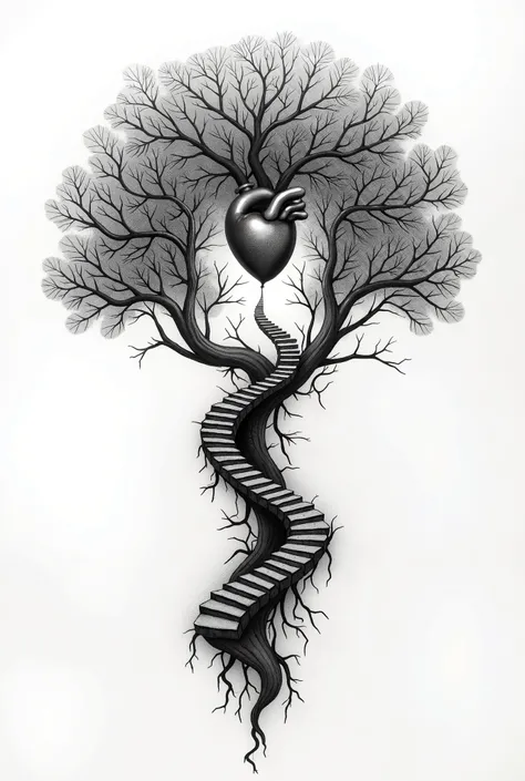 Tattoo of a tree of life that carries stairs that go to the brain in the upper part and in the lower part a heart 