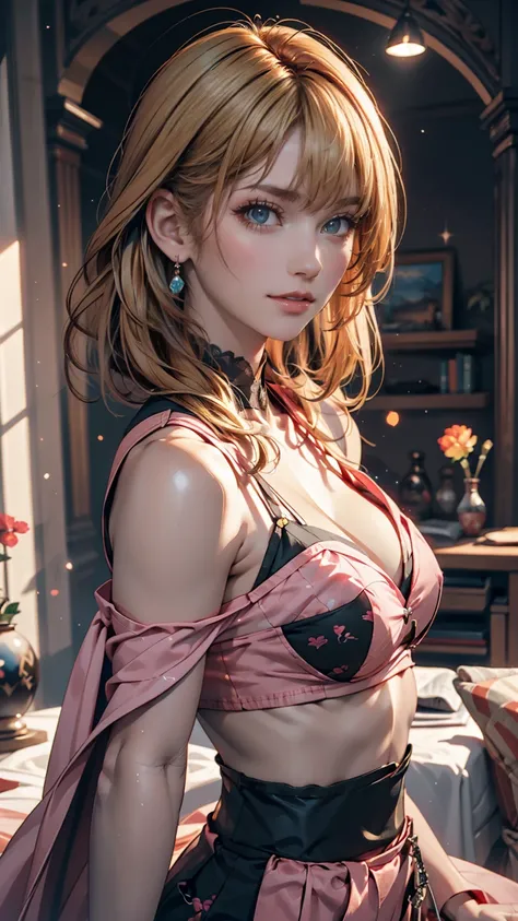 Woman Blonde Hair、 green eyes、Pink Bat、Black top, Realistic painting style, Portrait of Rosdrow, Art Germ Portraits, Anime realistic art style, 4K realistic digital art, 4K realistic digital art,  8k artgerm bokeh ,  deviantart artstation cgscosiety , High...