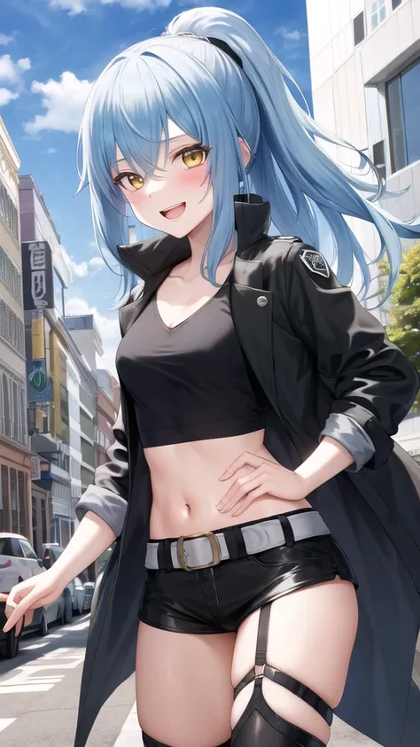 masterpiece, best quality, highres, rimuru tempest, blue hair, long hair, medium breasts, black jacket, modern crop top, v neck shirt, black long jacket, black long coat cleveage, show stomach, belt, pleated skirt, cowboy shot, standing, looking at viewer,...