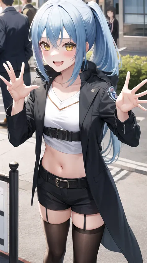 masterpiece, best quality, highres, rimuru tempest, blue hair, long hair, medium breasts, black jacket, modern crop top, v neck shirt, black long jacket, black long coat cleveage, show stomach, belt, pleated skirt, cowboy shot, standing, looking at viewer,...