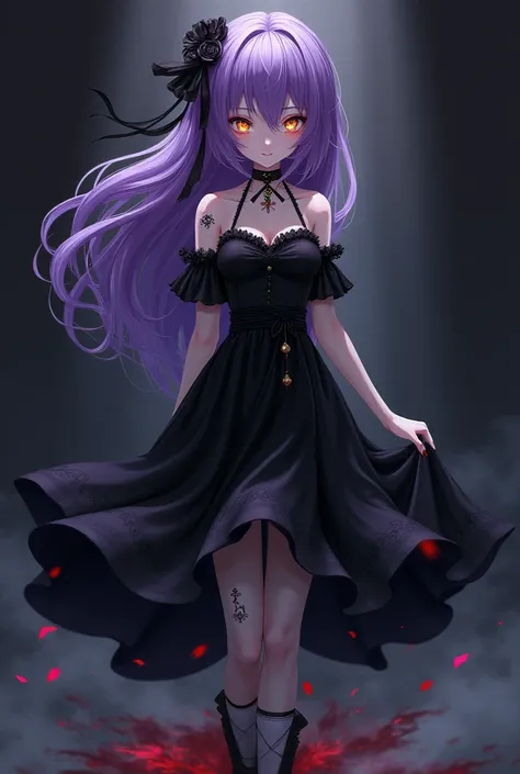 Vampire girl from anime,  purple hair,  golden eyes,  brand,  black and white dress , Black skirt,  black shoes .
