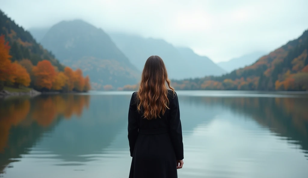 (photorealism:1.2), "A hyper-realistic photograph of a woman standing at the edge of a calm lake, gazing at the distant mountains covered in autumn foliage. She wears a dark coat, and her long wavy hair cascades down her back. The atmosphere is serene and ...