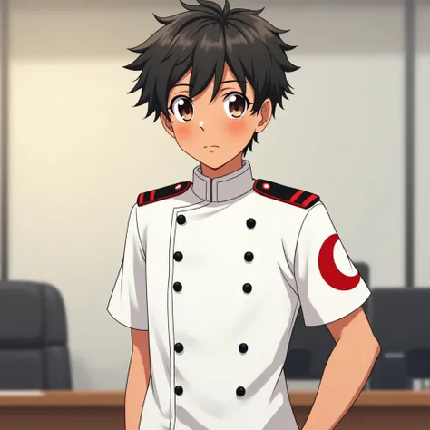 Image of a teenage boy, wearing the Red Crescent Society's young lieutenant dress in white, has a red crescent emblem on his arm.  black colored accessories , black clothes buttons, office room background. anime art . Tan skin, 