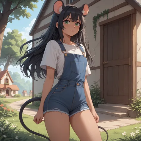 (Masterpiece) (High Detail) (High Res) A tiny short small Humanoid Mouse Female with tanned skin and bright green eyes and long black hair and fluffy black mouse ears and a mouse tail and small breasts. She is stood in front of a small cottage house in the...