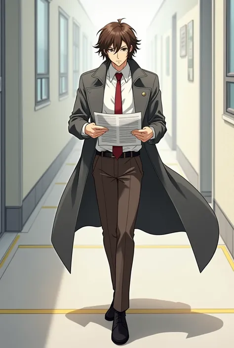 Young man with slightly long brown hair and slightly wavy , sin vello facial,  dressed in a white shirt , red tie and gray trench coat ,  brown dress pants and black dress shoes holding accounting papers in his hands in the style of the anime bungo stray d...