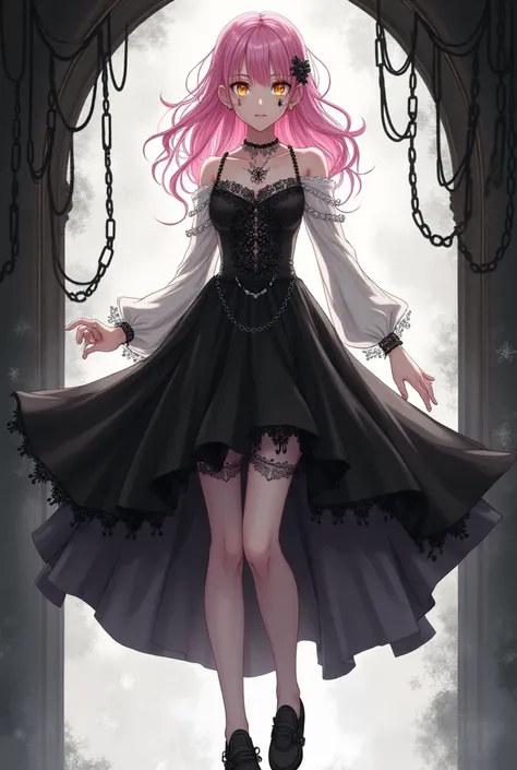 Vampire girl from anime,  pink hair,  golden eyes,  brand,  black and white dress , Black skirt,  black shoes .
