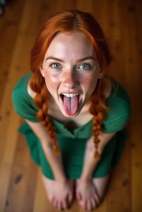 a beautiful young woman with freckles, (mouth very wide open with tongue sticking out), long red hair in a french braid, her green eyes are open, wearing a very short green dress, kneeling on hardwood floor, viewed from above