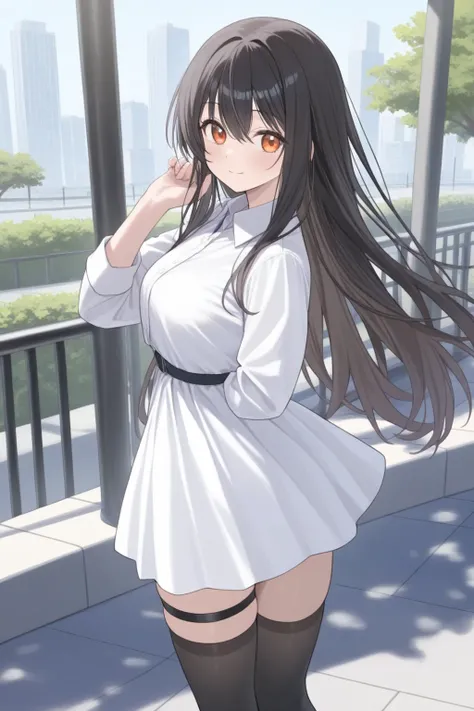  black hair,  long hair,  amber eyes,  neat dress 、 black knee-high socks、Pay attention to the thighs、( top quality),( Ultra Detailed),( Extremely Detailed and Beautiful ),( beautiful detail eye)、 ( perfect anatomy),( perfect hand), detailed legs、(  super ...