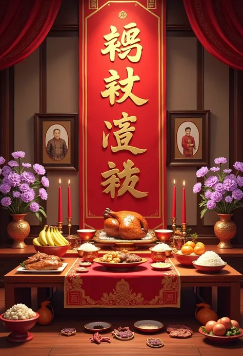 Images of ancient Chinese altars worshiping ancestors during Chinese New Year. The altar is lined with red cloth, with golden Chinese letters and auspicious symbols. On the table there is a whole cooked chicken, whole fish, rice, banana, apple, orange, des...