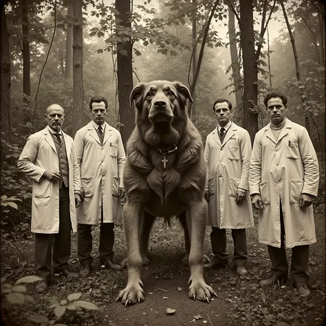 Daguerreotype photo. Scientists in white lab coats pose outside with a giant dog. Photo realistic