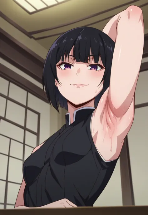 score_9, score_8_up, score_7_up, source_anime, anime screencap, 1girl, solo, soi fon, short hair, bangs, black hair, small breasts, black kimono, sleeveless kimono, sleeveless, bare shoulders, bare arms, arm behind head, armpit, head towards viewer, seduct...