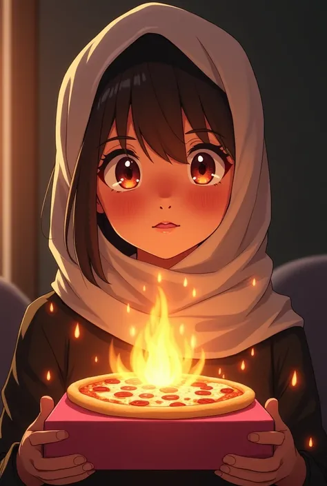 Anime Picture show birthday girl looks like Arab wear hijab given birthday gift with black boy,that gift have bite food as pizza.but after birthday girl to test that food her face color change to red and fire rise in her head due to over pepper 