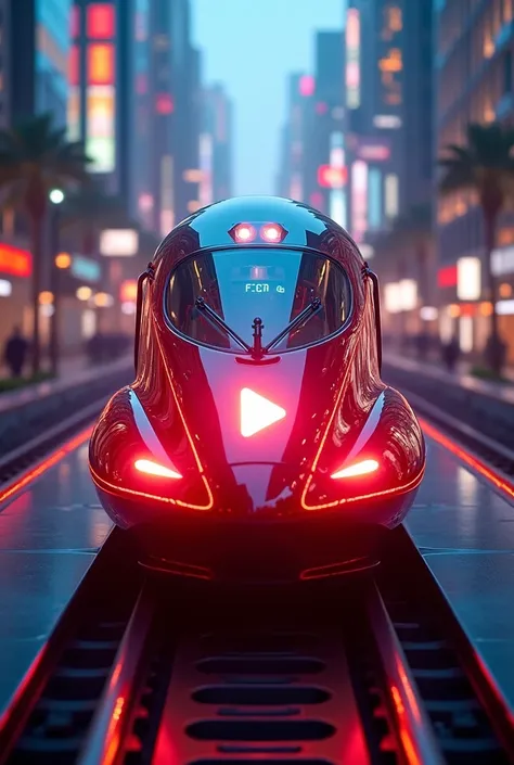 A supercharged futuristic bullet train, glowing with vibrant LED lights, races along a sleek, cinematic-inspired track that transitions between iconic movie sets—city streets, lush jungles, sci-fi landscapes, and red-carpet premieres. The train itself is c...