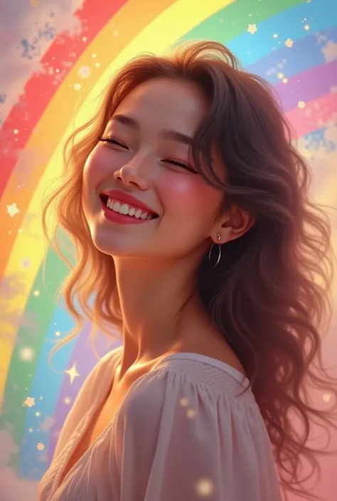 She smile with charm and rainbow surrounded her
