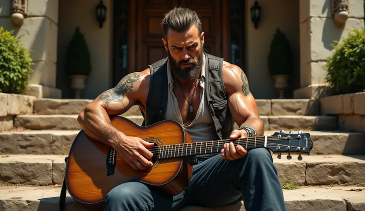 A brutal man in a sleeveless shirt with a tattoo on his shoulder sits on the steps of his luxurious ranch and plays guitar, (masterpiece:1.2), 8k, Best quality, masterpiece, high resolution, original, extremely detailed wallpaper, perfect lighting, (extrem...