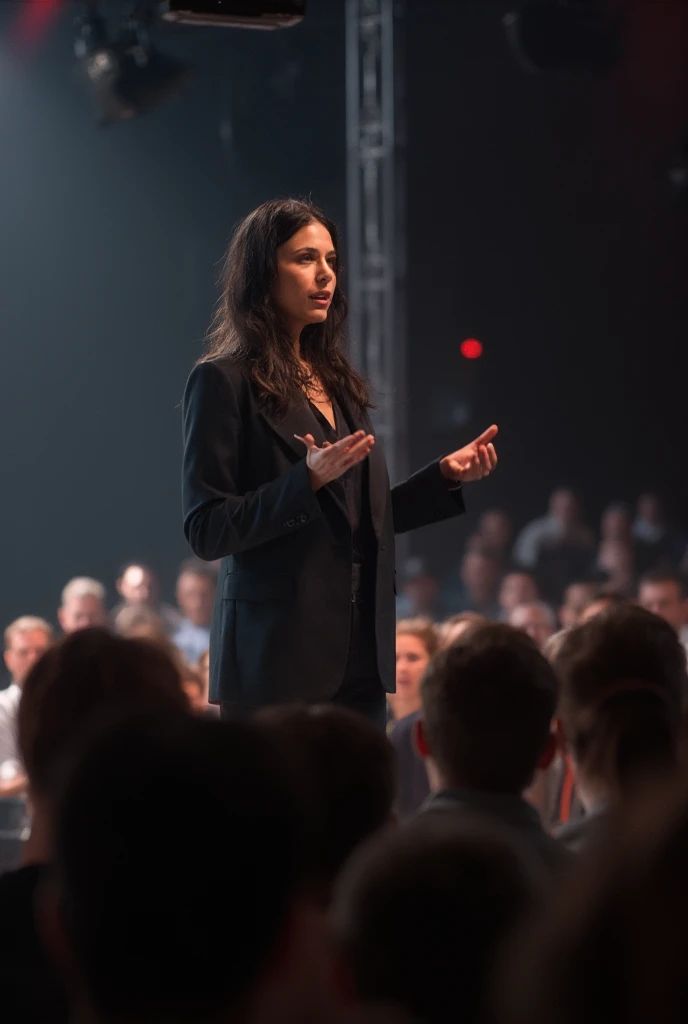 a woman with dark hair is giving speech on a tedx.