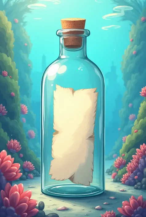 A thin glass bottle with a closed note inside a cartoon 