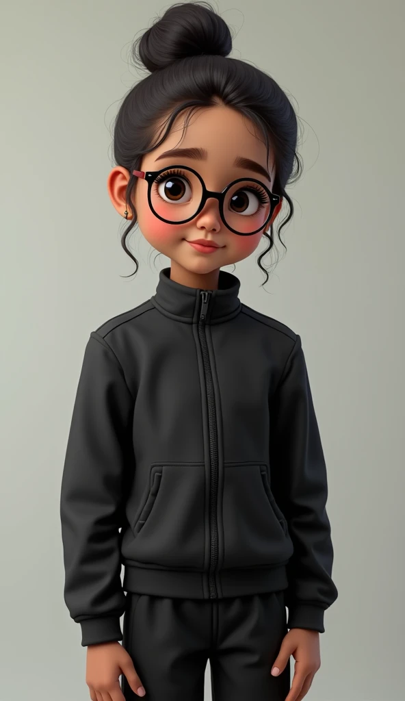 "Create a realistic portrait of a 13-14-year-old Indian girl with medium skin tone and a slightly chubby but healthy build. She has her hair tied in a neat bun, wears round-framed glasses, and is dressed in a fitted black tracksuit. Her face has youthful a...