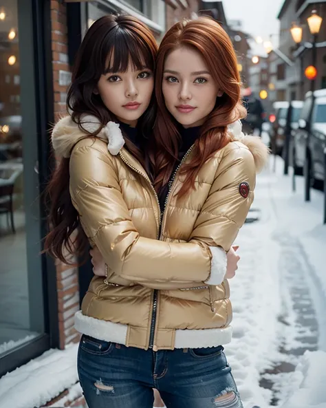 best resolution, ((2heads)), black haired Latino woman standing alongside blonde scandinavian woman,red hair, winter jacket, Conjoined, short hair, bangs