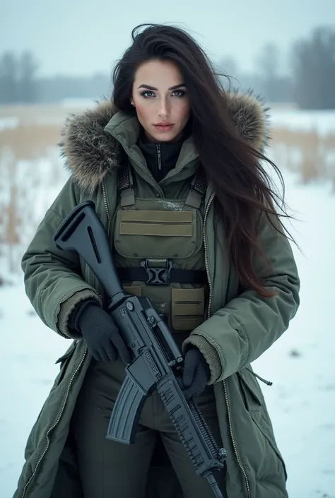  score_9,  score_8_ up,  score_7_ up,  1 female, Russian soldier,  beautiful,  Hair, huge G-c up giant breasts,  curvy body,  super high resolution, uniform, ( camel toe ), Wearing a snow coat ,  tactical bulletproof vest ,  is present,  beautiful face,  b...