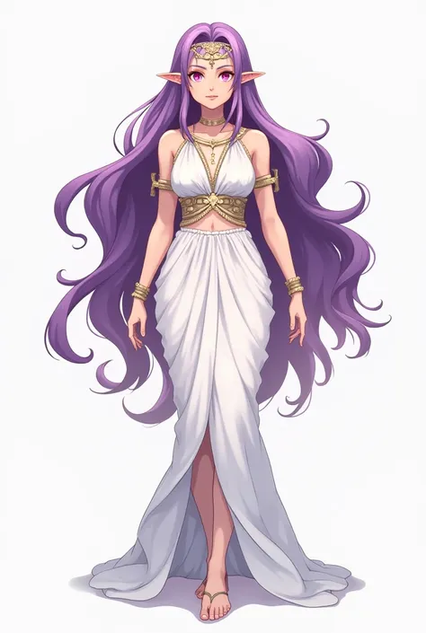  Diseño de personaje,Woman with purple hair, pink eyes, pointed ears, curvy body, wearing white Greek clothing, Hindu-style crown on forehead, full body, anime style,alta resolución ,  obra maestra ,  fondo simple , cuerpo completo, vista de tres lados, Es...