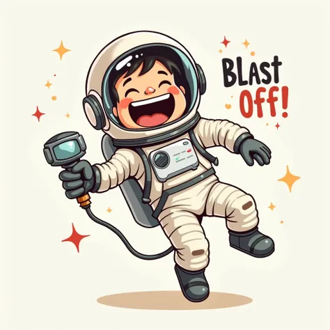 A cartoon-style illustration of a astronaut with exaggerated features, a wide grin, oversized helmet, and an excited expression, comical expression. The astronaut is floating with a space gadget in hand, wearing a white spacesuit with patches, with bold pl...