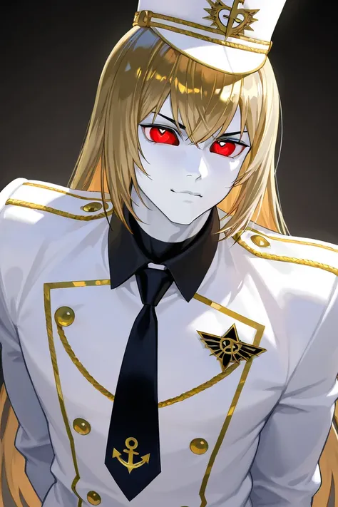 Lucifer must be drawn as a man like this, white skin, heart-shaped face, handsome, tall, chin figure, very nice figure, wearing a white formula dress, tie a straight bow, black neck, bronze hair, red eyes, white skin, anime drawing, wearing a white British...