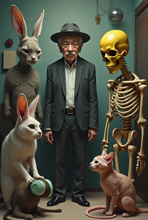 Generate an image of a rabbit, Cat, Skeleton, Octopus, Yellow face, Sony headphones, haircut and a middle aged man with a hat in the same room