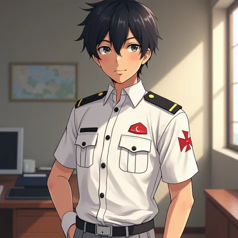 Image of a age boy, wear the clothes of a Sargent who wears the rank of 3 lines of the Union of the Red Crescent in white, has a red crescent emblem on his arm.  black colored accessories , black clothes buttons, office room background. anime art . Tan ski...