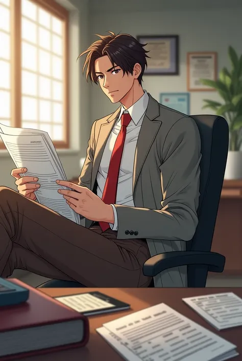 Young man with slightly long brown hair and slightly wavy , sin vello facial,  dressed in a white shirt , red tie and gray trench coat , brown dress pants and black dress shoes sitting in front of a desk where there are several papers and holding accountin...