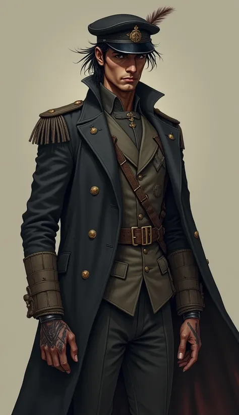    Tall man with dark dark hair and military cut  ,  dark brown eyes  , Brown skin tone,   with a calculated look  , dressed frac  ,   with a hat that has feathers and scars on his hands and parts of his arms. 