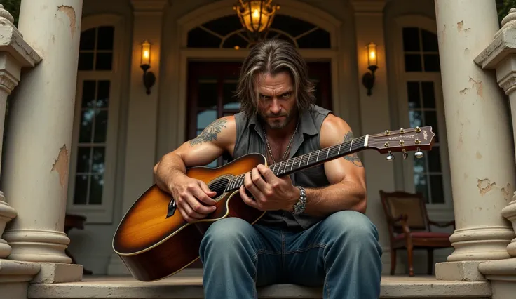 A brutal man in a sleeveless shirt with a tattoo on his shoulder sits on the steps of his luxurious ranch and plays guitar, (masterpiece:1.2), 8k, Best quality, masterpiece, high resolution, original, extremely detailed wallpaper, perfect lighting, (extrem...