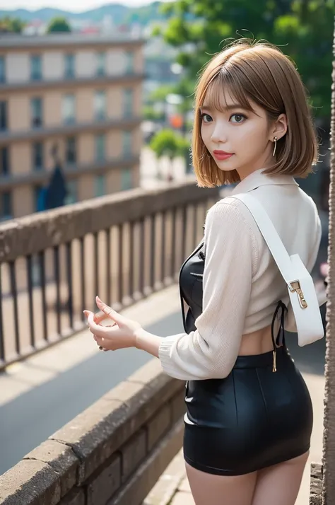  black((   micro pencil skirt overlooking the city from the top of a hill、  stockings、  pin heels))、 white blouse、  1 girl、  blond、   use straight bob hair  、  medium breast、  slender body、 earrings、(Narrow back road overlooking the city from the top of a ...