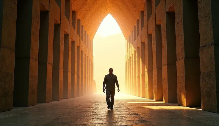 Generate a photo of a man who is walking through a tunnel. The tunnel is huge for the inside but you can clearly see what is there