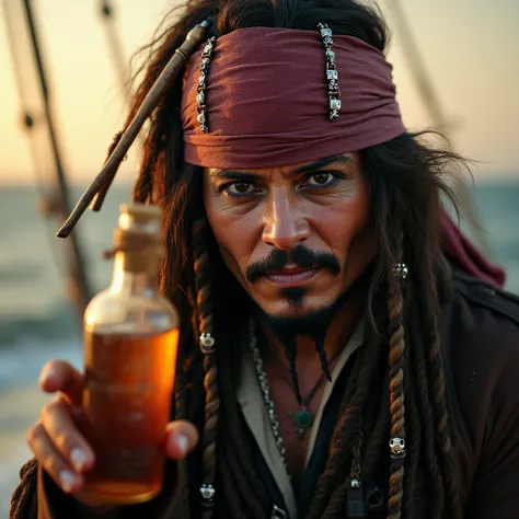 Johnny Depp Jack Sparrow holding a bottle of rum with a sarcastic look 