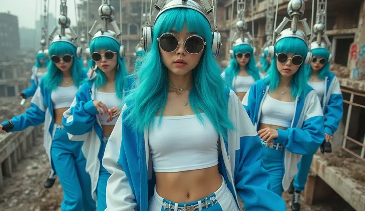 “A futuristic scene featuring multiple identical Japanese female dancers with neon blue hair, suspended in a line high above a ruined cityscape covered in graffiti. They wear white crop tops and vibrant blue and white hooded jackets with a striking contras...