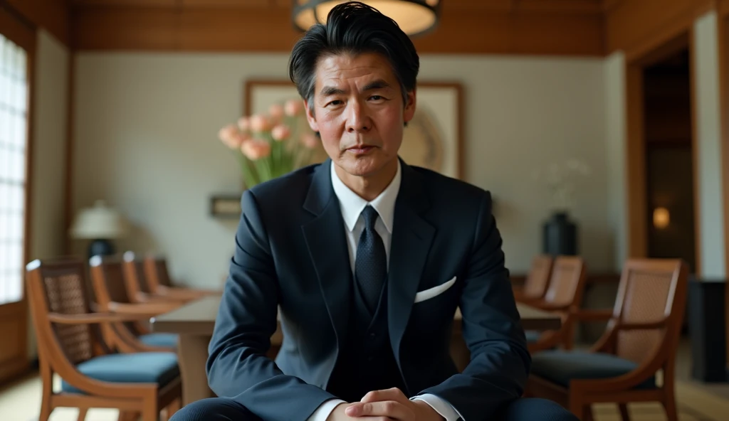  high quality, high resolution,16k、 facing the camera 、A Japanese man sits on a chair ,  dark blue suit 、 lives in a luxury Japanese-style house