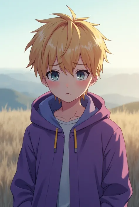 Anime boy blonde purple jacket with sad face looking at the horizon 