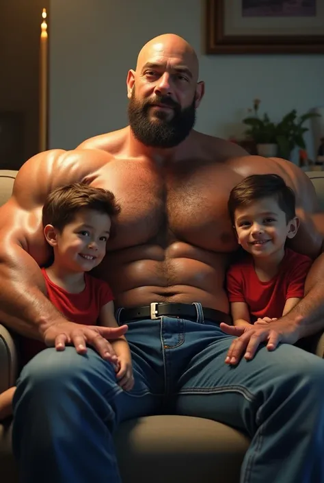 a shirtless tall muscular caucasian bodybuilder dad with well built muscle body, 45 years old, handsome mature face, military bald haircut, big muscle biceps, big muscular hairy chest, strong arm, wear blue jeans trousers, belt, enjoy watching a television...