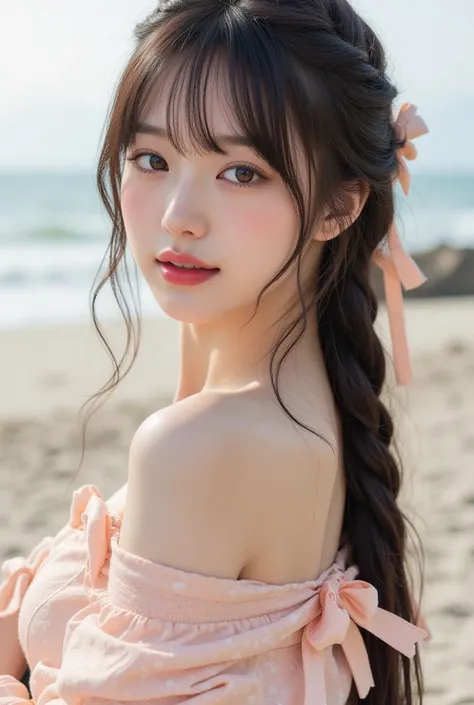 (A super beautiful Korean woman is standing quietly:1.2)(The cutest woman)(Grinning, has a big smile:1.4)(16k,  RAW photos ,  top quality, masterpiece: 1.2),( glamorous braids with ribbons on them :1.1)  more details,  Super Resolution, (Genuine, Genuine p...