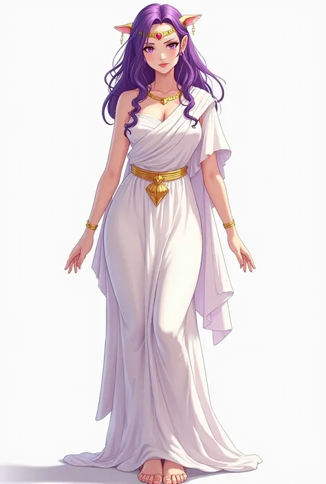  Diseño de personaje,Woman with purple hair, pink eyes, pointed ears, curvy body, wearing white Greek clothing, Hindu-style crown on forehead, full body, anime style,alta resolución ,  obra maestra ,  fondo simple , cuerpo completo, vista de tres lados, Es...