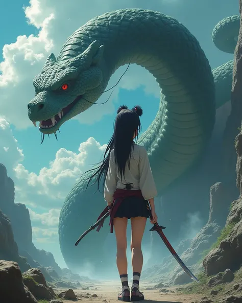 Orochimaru from the anime Naruto Boruto is a beautiful fighting girl with a katana in her hand against the background of a huge snake in a mini skirt 