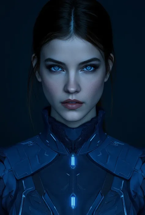 realistic,(( masterpiece)), (( envelopes)), ( Detailed ),  Close-up portrait, 1 girl, blue_eyes, Alone , blue_theme, science_fiction, mono, Circuit Pentern , blue_fur,  Detailed  fur, looking_en_ spectator, _negro_hair,  opened lips , cyborg, realistic, ar...