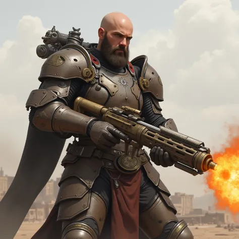 ( best illustrations:1.2), ( masterpiece:1.2 ), ( super detailed), 8k, 16k, wallpaper,( steampunk:2.0), Bald knight, short beard, futuristic armor, mid 30s, large flamethrower