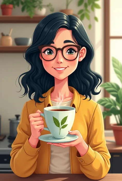 Create a cartoon image of a woman with black hair and glasses drinking moringa coffee 